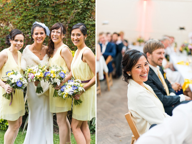 Bridesmaids in yellow knee-length dresses