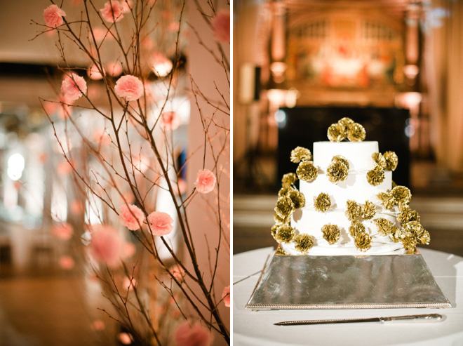 pom poms trees and cake at london wedding