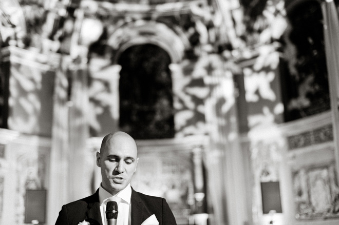 black and white photo of best man's speech at one marylebone wedding