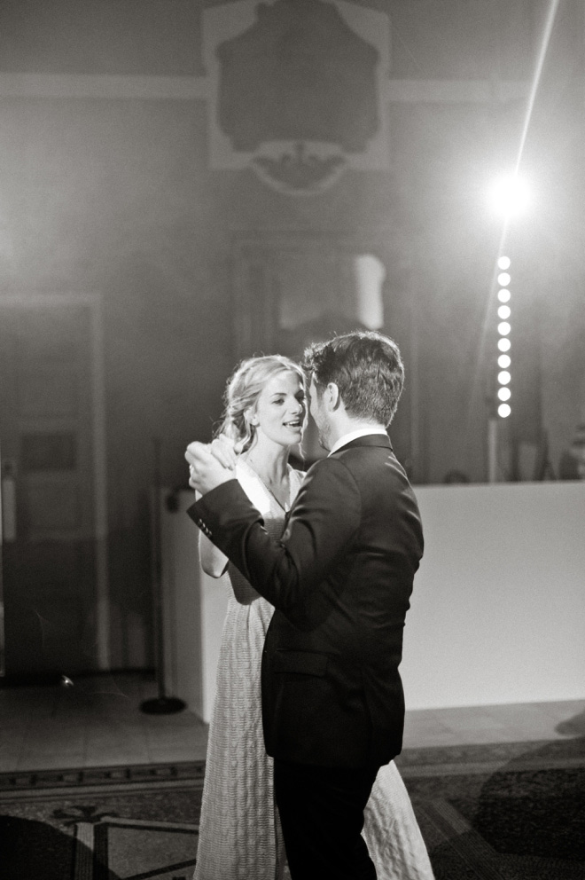 black and white photo of first dance at one marylebone wedding
